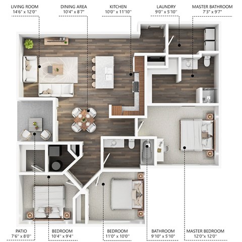 Floor plan for 3 beds, 2 baths, 1265 sqft